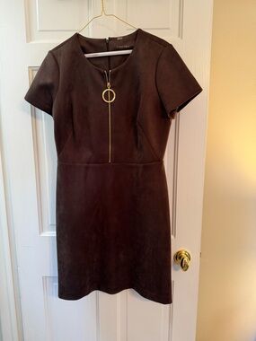 Calvin Klein Brown Faux Suede Sheath Dress Size 12 Gold Zip Work Office Career